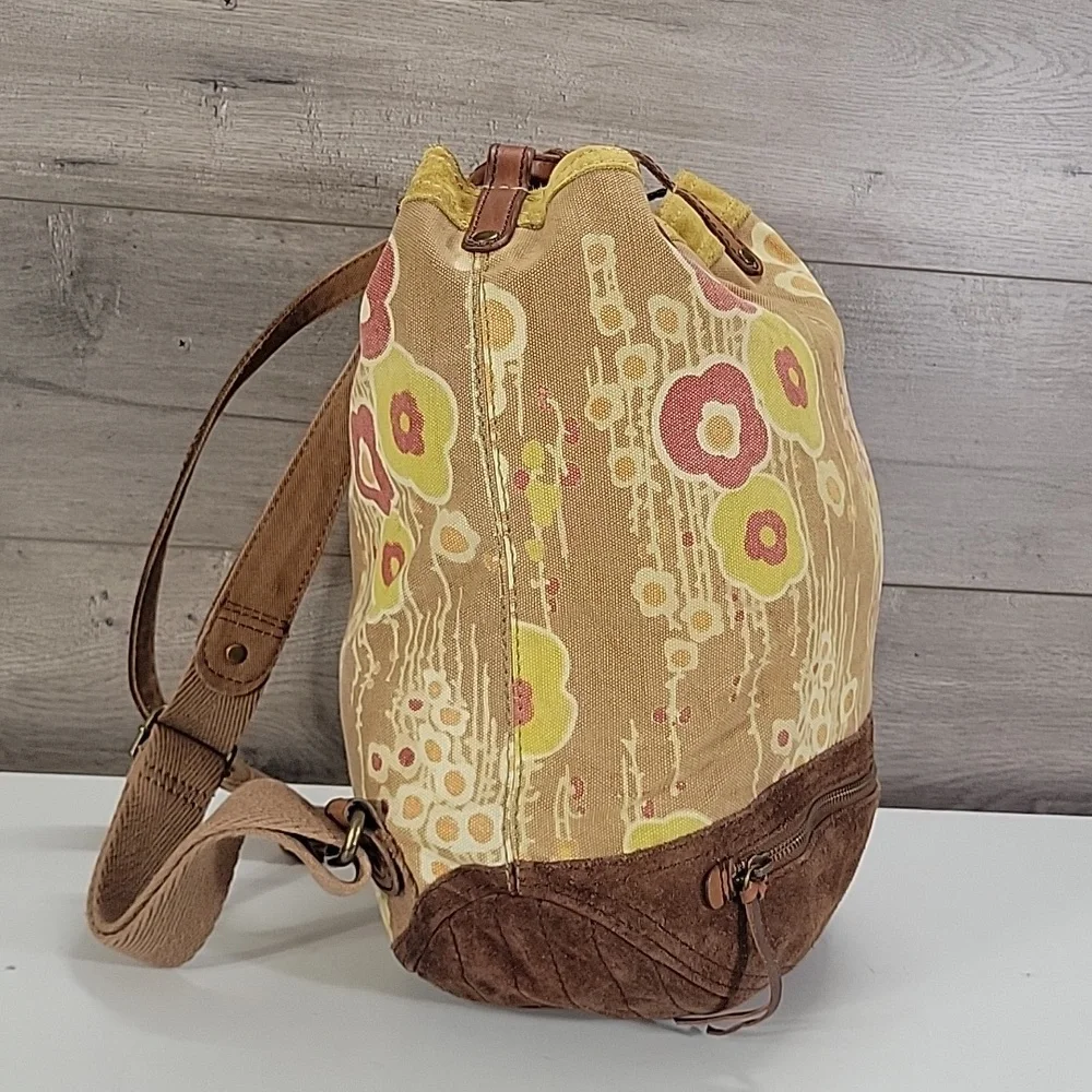 Lucky Brand Canvas/Leather Floral Drawstring Backpack - Yellow/Pink